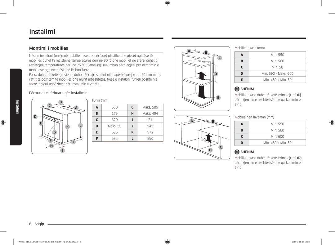 Samsung NV70K1340BB/OL, NV70K1340BS/OL, NV70K1340BB/EO, NV70K1340BS/ML manual Montimi i mobilies, Min 