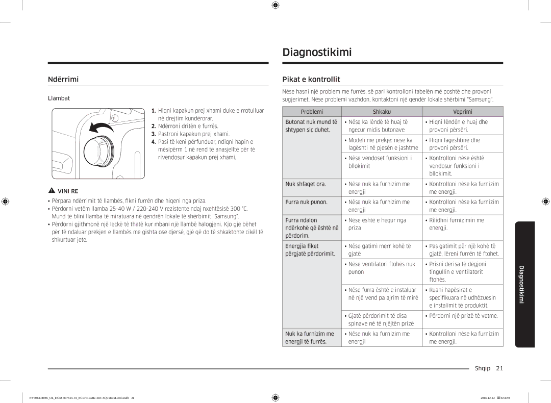 Samsung NV70K1340BS/OL, NV70K1340BB/OL, NV70K1340BB/EO, NV70K1340BS/ML manual Diagnostikimi, Ndërrimi, Pikat e kontrollit 