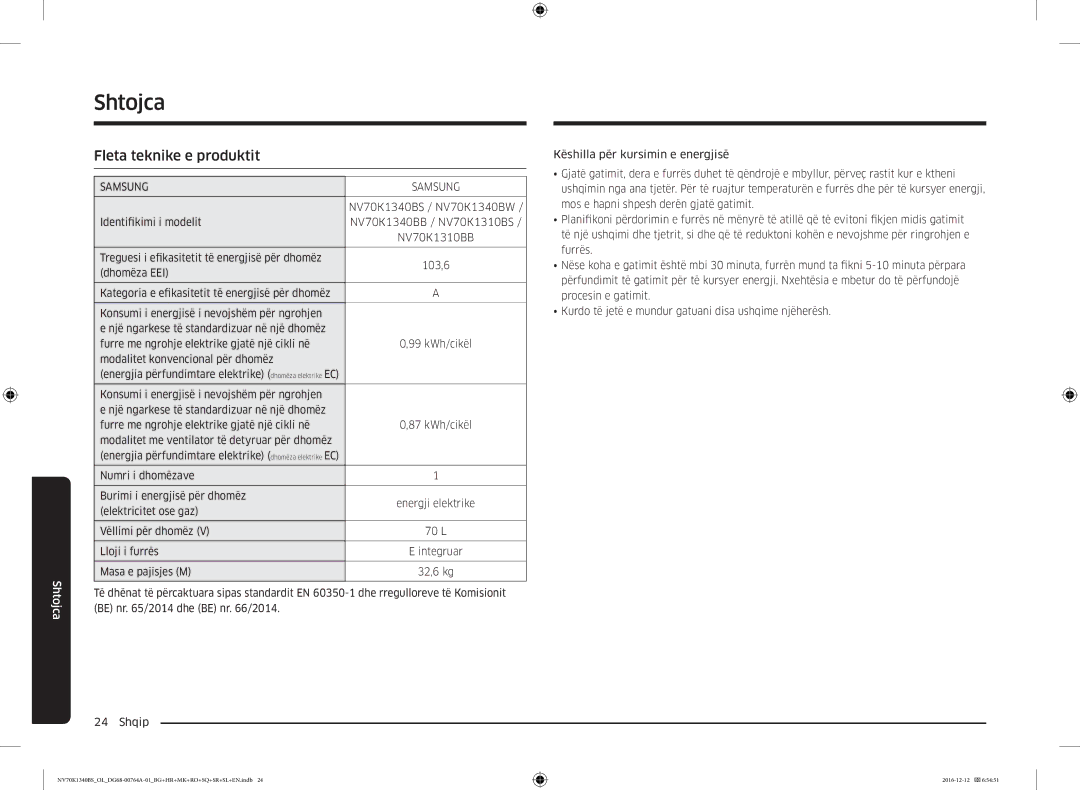 Samsung NV70K1340BB/OL, NV70K1340BS/OL manual Shtojca, Fleta teknike e produktit, Këshilla për kursimin e energjisë 