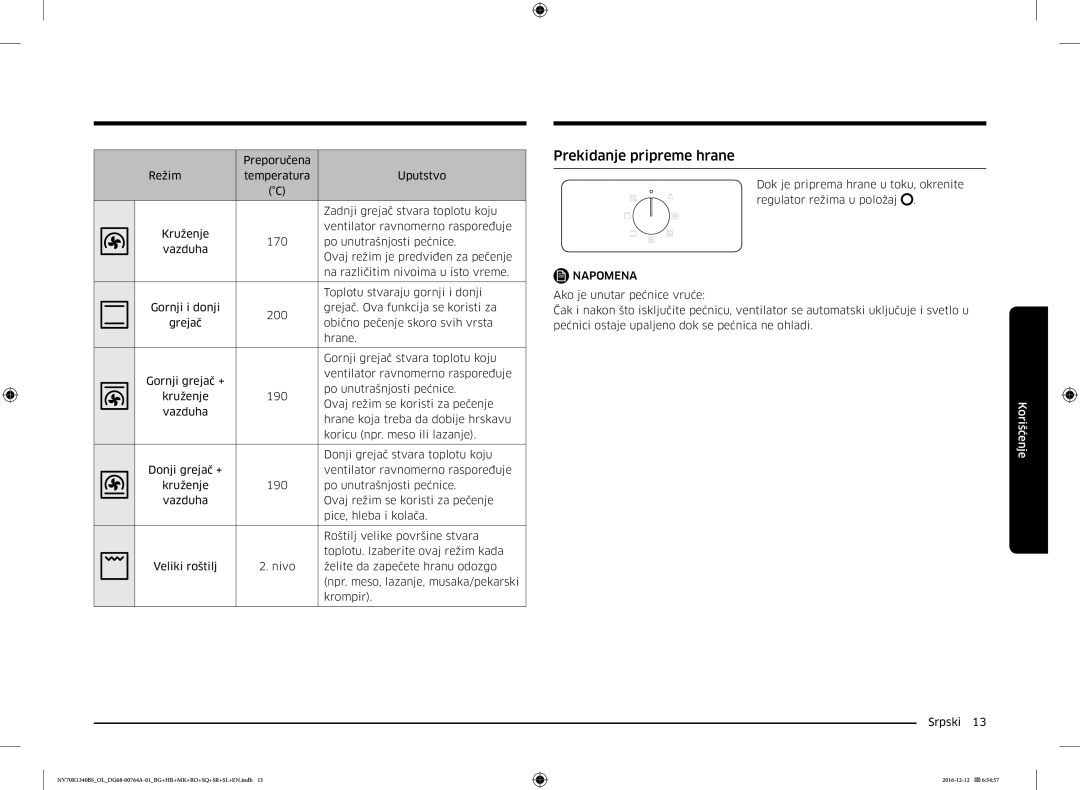Samsung NV70K1340BS/OL, NV70K1340BB/OL, NV70K1340BB/EO, NV70K1340BS/ML manual Prekidanje pripreme hrane 