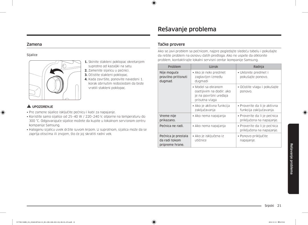 Samsung NV70K1340BS/OL, NV70K1340BB/OL, NV70K1340BB/EO, NV70K1340BS/ML manual Rešavanje problema, Zamena, Tačke provere 