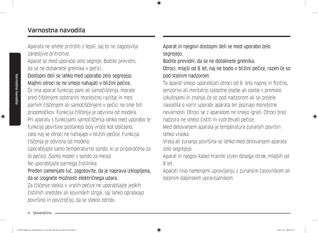 Samsung NV70K1340BB/OL, NV70K1340BS/OL, NV70K1340BB/EO, NV70K1340BS/ML manual Varnostna navodila 