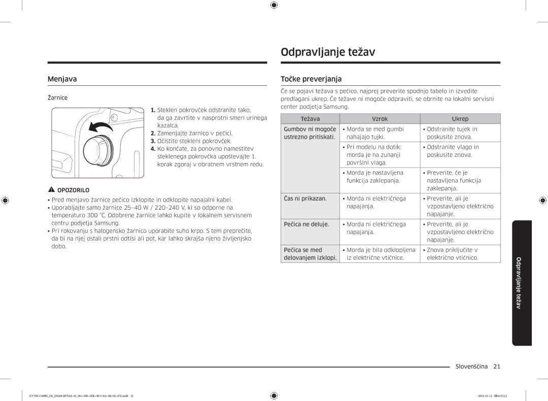 Samsung NV70K1340BS/OL, NV70K1340BB/OL, NV70K1340BB/EO, NV70K1340BS/ML manual Odpravljanje težav, Menjava, Točke preverjanja 
