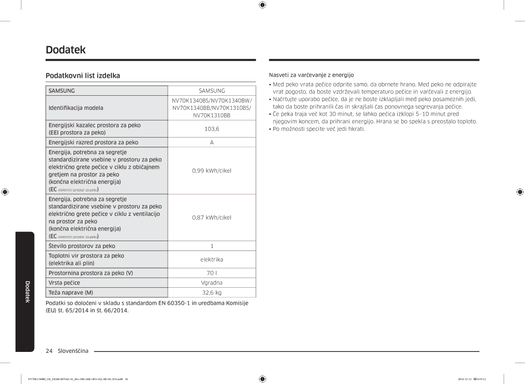 Samsung NV70K1340BB/OL, NV70K1340BS/OL, NV70K1340BB/EO Dodatek, Podatkovni list izdelka, Nasveti za varčevanje z energijo 