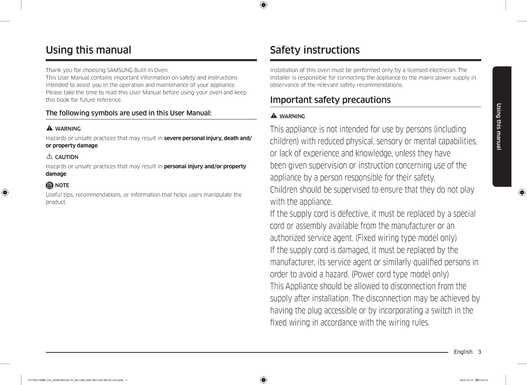 Samsung NV70K1340BS/ML, NV70K1340BB/OL, NV70K1340BS/OL, NV70K1340BB/EO Using this manual, Safety instructions, English  