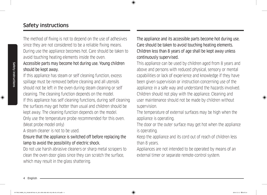 Samsung NV70K1340BB/OL, NV70K1340BS/OL, NV70K1340BB/EO, NV70K1340BS/ML manual Safety instructions 