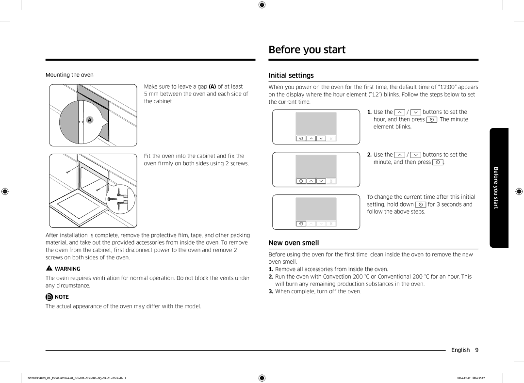 Samsung NV70K1340BS/OL, NV70K1340BB/OL, NV70K1340BB/EO, NV70K1340BS/ML Before you start, Initial settings, New oven smell 