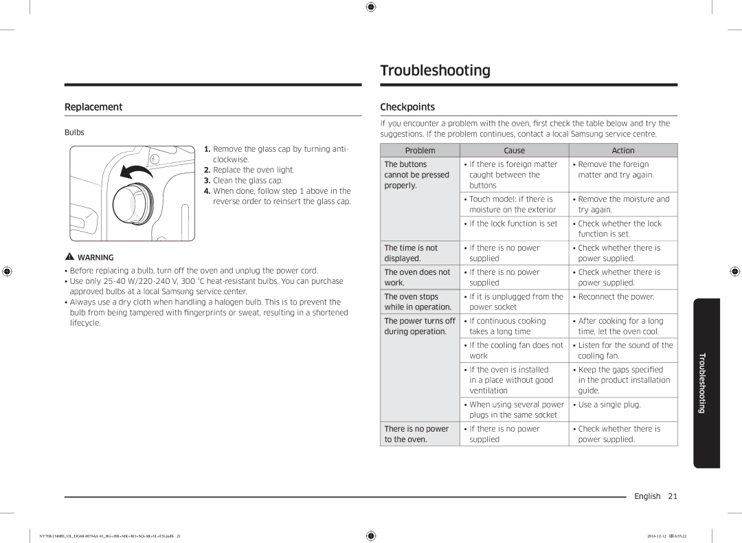 Samsung NV70K1340BS/OL, NV70K1340BB/OL, NV70K1340BB/EO, NV70K1340BS/ML manual Troubleshooting, Replacement, Checkpoints 