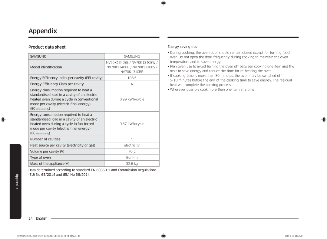 Samsung NV70K1340BB/OL, NV70K1340BS/OL, NV70K1340BB/EO manual Appendix, Product data sheet, NV70K1340BS / NV70K1340BW 