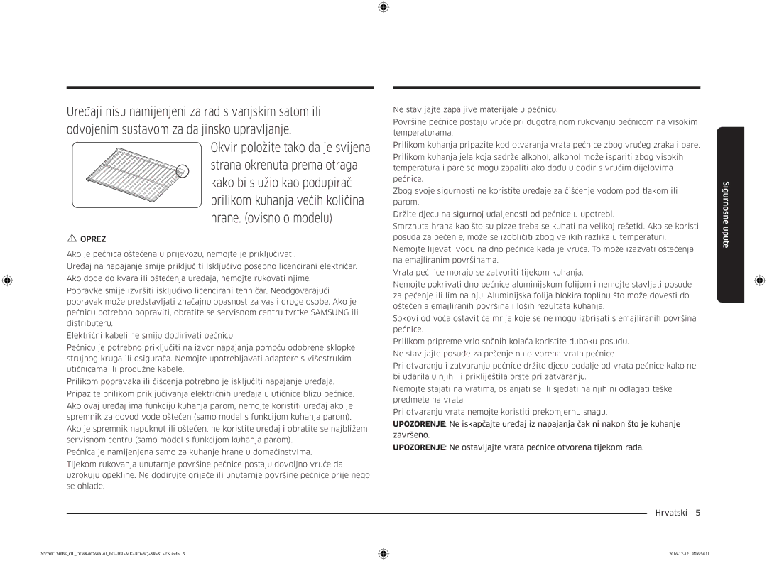 Samsung NV70K1340BS/OL, NV70K1340BB/OL, NV70K1340BB/EO, NV70K1340BS/ML manual Sigurnosne upute 