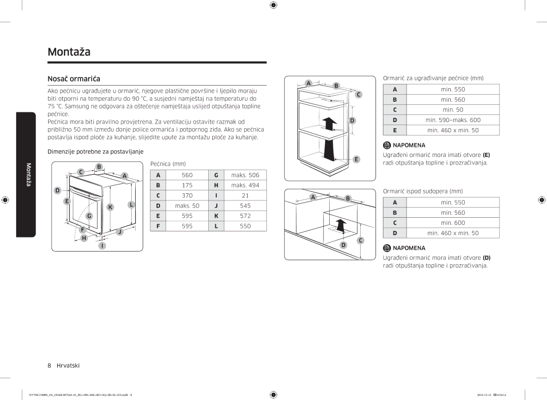 Samsung NV70K1340BB/OL, NV70K1340BS/OL, NV70K1340BB/EO, NV70K1340BS/ML manual Nosač ormarića, Min x min 