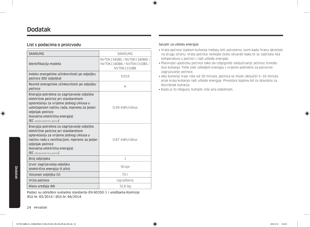 Samsung NV70K1340BB/OL, NV70K1340BS/OL, NV70K1340BB/EO Dodatak, List s podacima o proizvodu, Savjeti za uštedu energije 