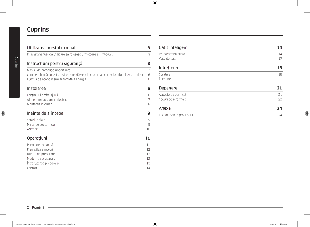 Samsung NV70K1340BB/EO, NV70K1340BB/OL, NV70K1340BS/OL, NV70K1340BS/ML manual Cuprins 