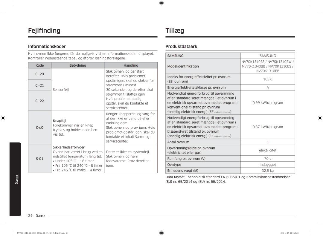 Samsung NV70K1340BS/EE, NV70K1340BW/EE manual Tillæg, Informationskoder 