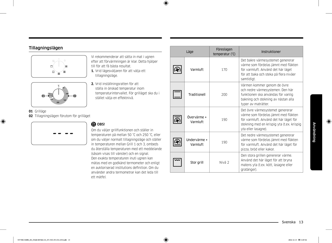 Samsung NV70K1340BW/EE, NV70K1340BS/EE manual Tillagningslägen 