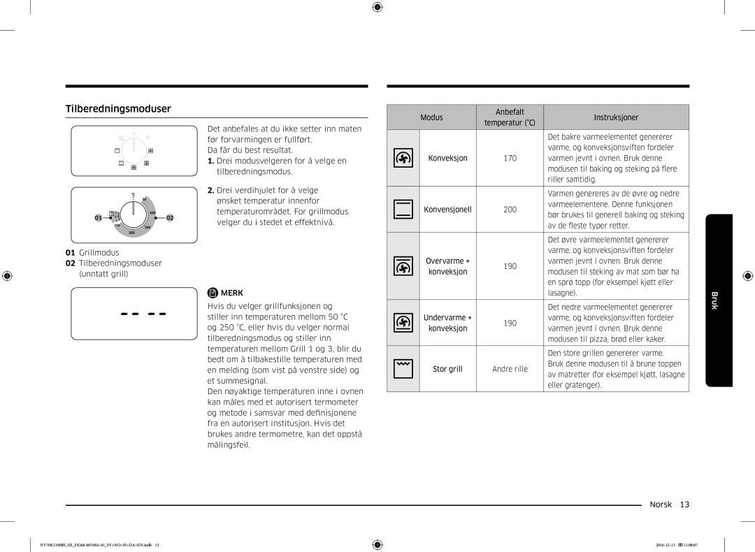 Samsung NV70K1340BW/EE, NV70K1340BS/EE manual Tilberedningsmoduser 