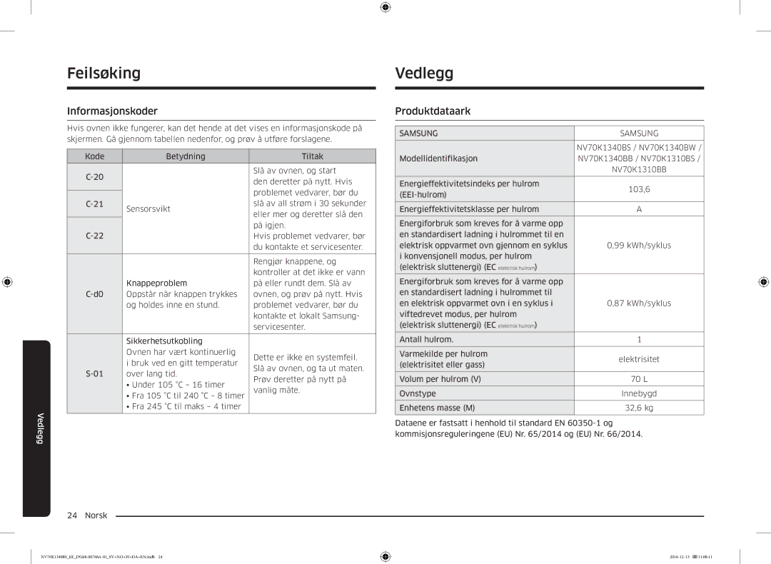 Samsung NV70K1340BS/EE, NV70K1340BW/EE manual Vedlegg, Informasjonskoder, Produktdataark 