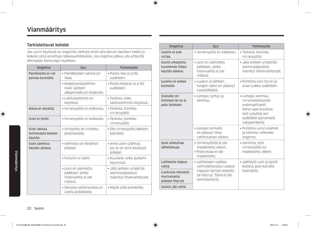 Samsung NV70K1340BS/EE, NV70K1340BW/EE manual Vianmääritys, Tarkistettavat kohdat 