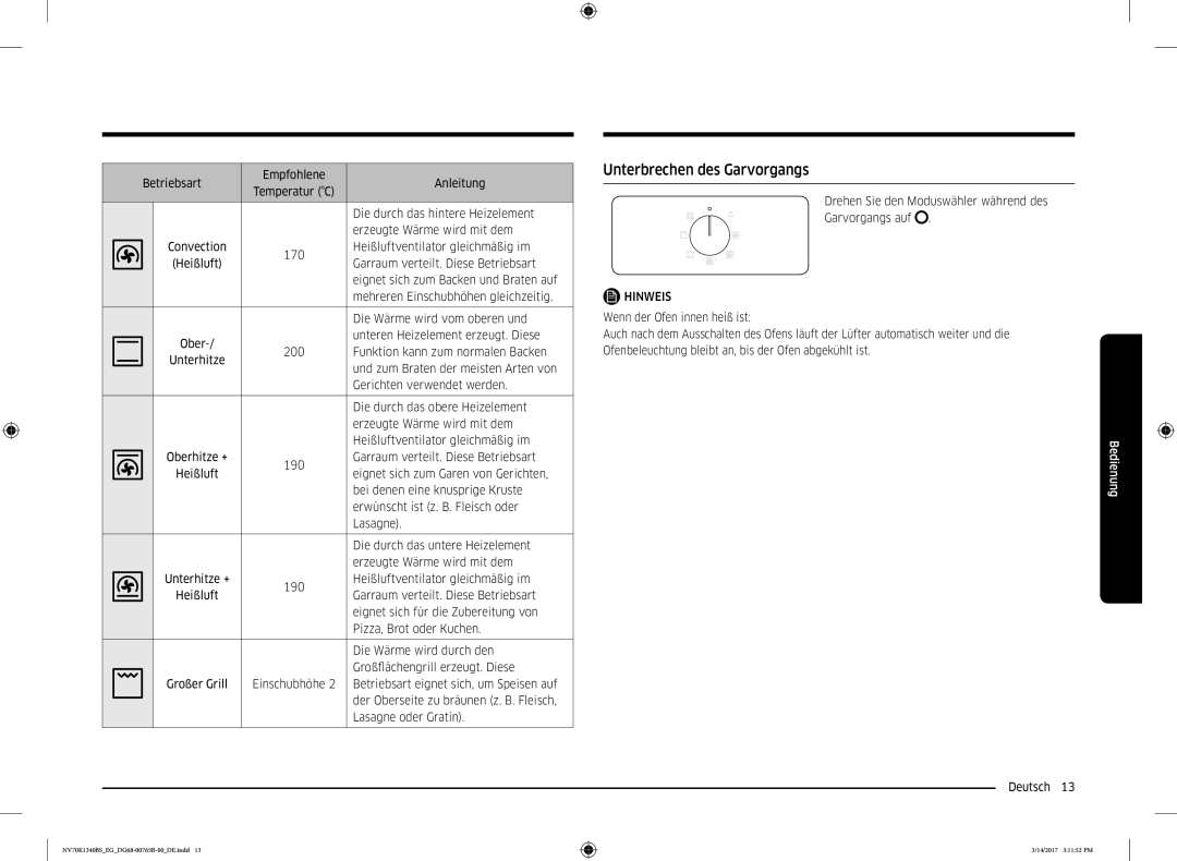 Samsung NV70K1310BS/EG, NV70K1340BS/EG manual Unterbrechen des Garvorgangs 