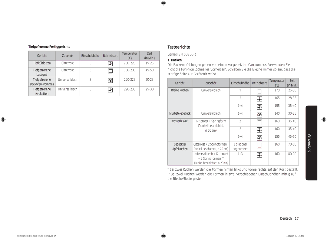 Samsung NV70K1310BS/EG, NV70K1340BS/EG Testgerichte, Tiefgefrorene Fertiggerichte, Betriebsart Temperatur Zeit, Gemäß EN 