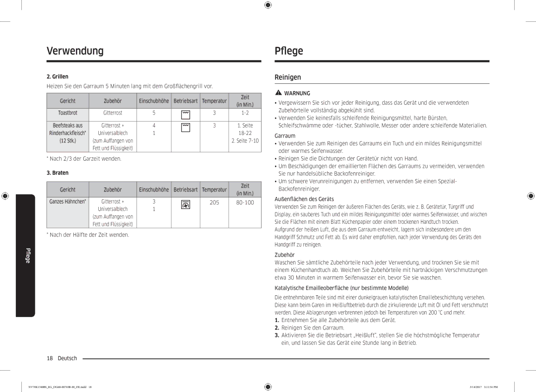 Samsung NV70K1340BS/EG manual Pfege, Reinigen, Vor, 205 80-100, Katalytische Emailleoberfläche nur bestimmte Modelle 