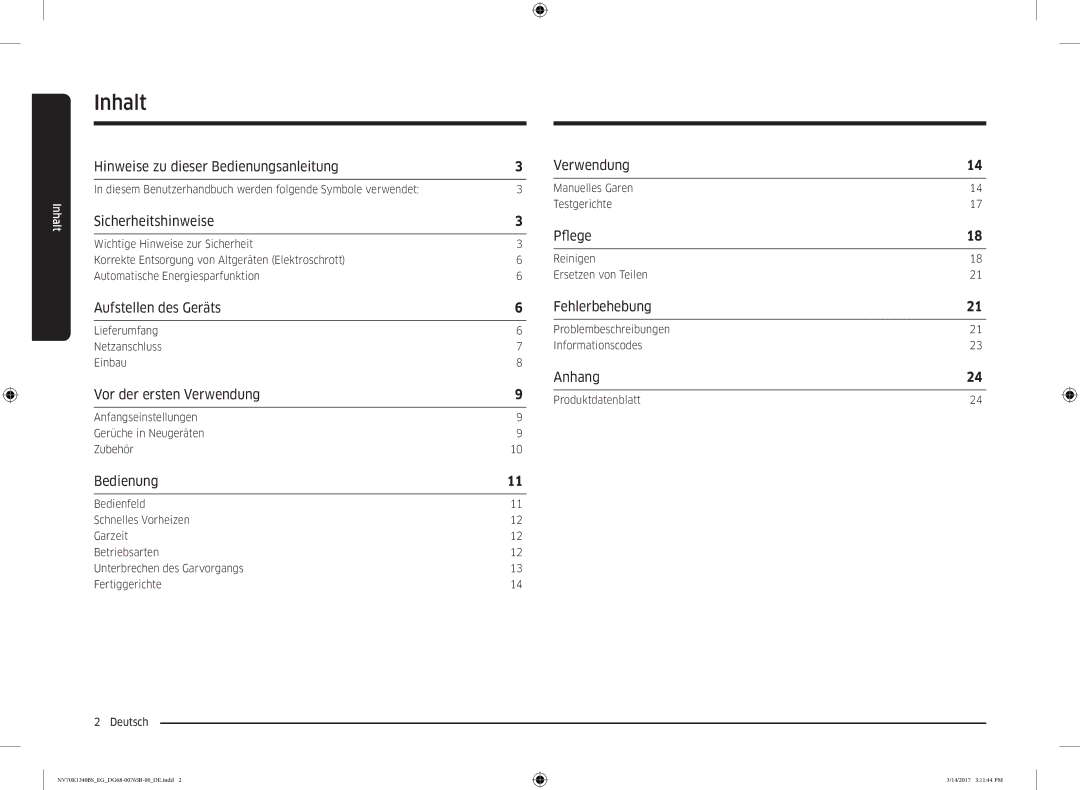 Samsung NV70K1340BS/EG, NV70K1310BS/EG manual Inhalt 