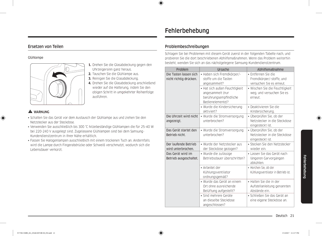 Samsung NV70K1310BS/EG manual Fehlerbehebung, Ersetzen von Teilen, Problembeschreibungen, Problem Ursache Abhilfemaßnahme 