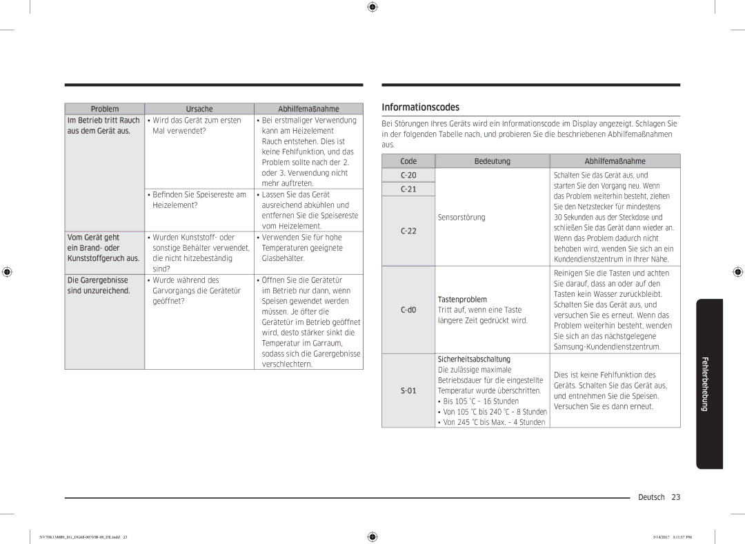 Samsung NV70K1310BS/EG, NV70K1340BS/EG manual Informationscodes 