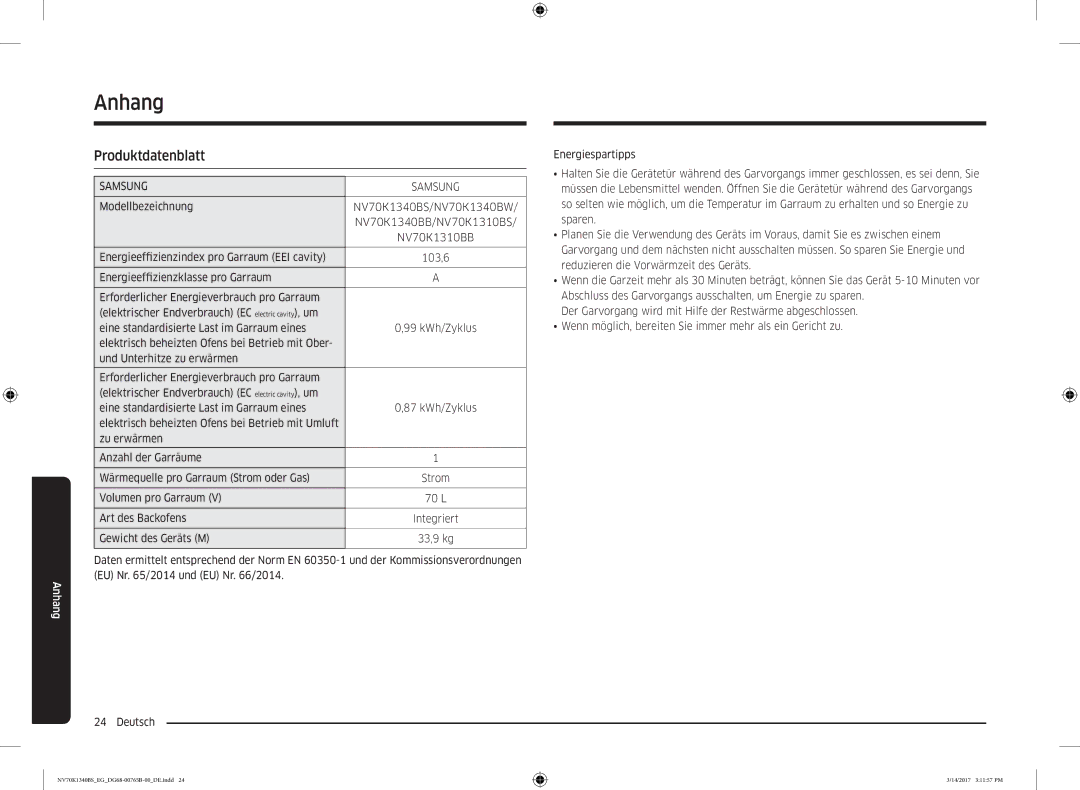 Samsung NV70K1340BS/EG, NV70K1310BS/EG manual Anhang, Produktdatenblatt, Energiespartipps 