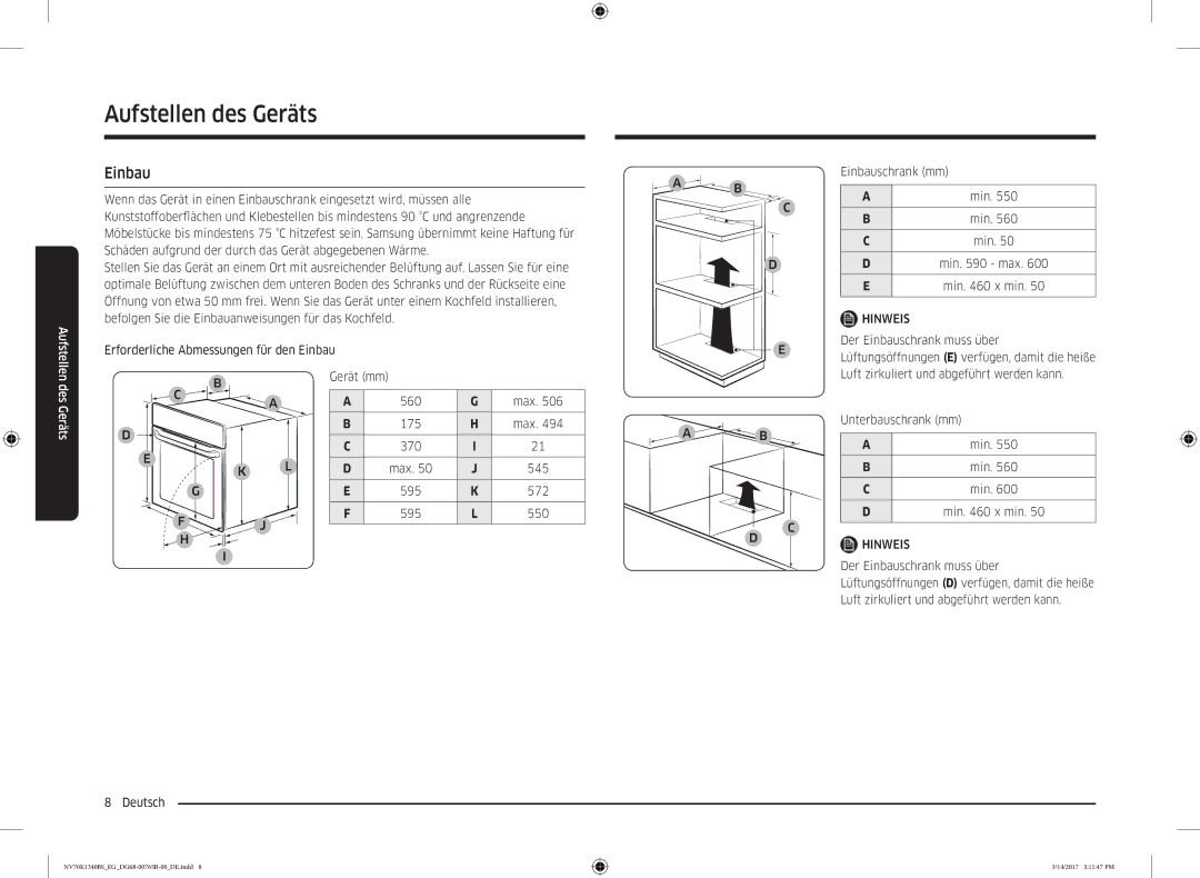 Samsung NV70K1340BS/EG, NV70K1310BS/EG manual Einbau, Max 175 370 545 595 572 550, Min x min 