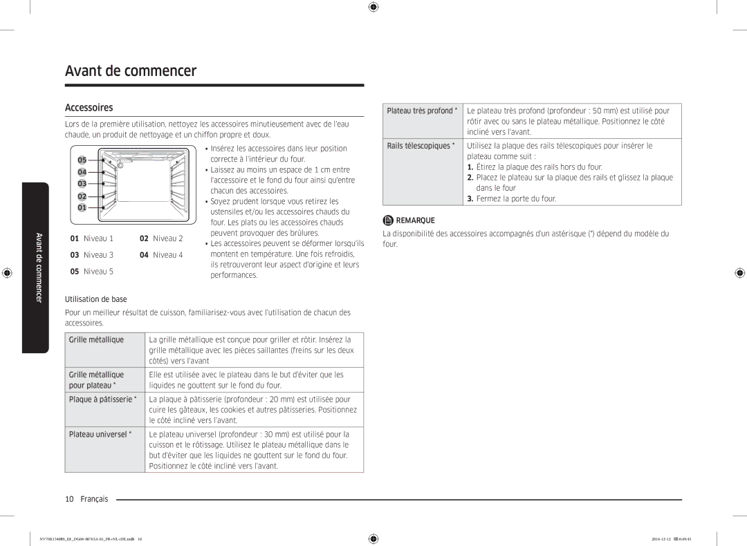 Samsung NV70K1340BB/EF, NV70K1340BS/EG, NV70K1340BS/EF manual Accessoires, Niveau, Dans le four, Fermez la porte du four 