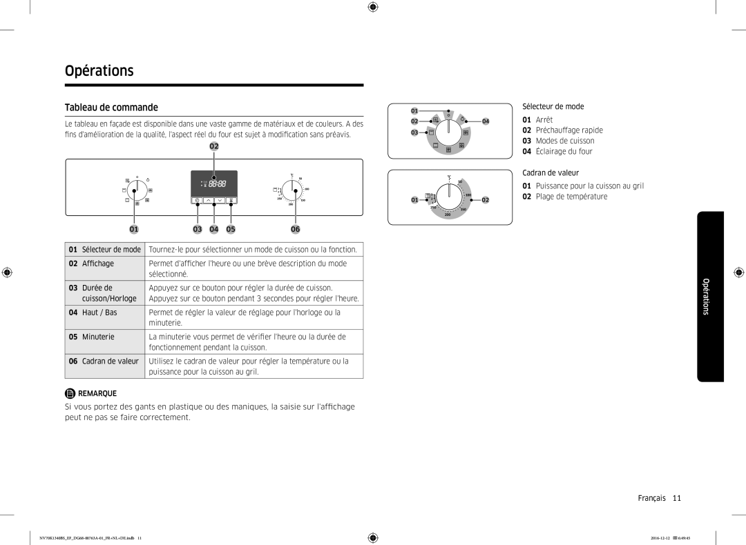 Samsung NV70K1340BS/EF, NV70K1340BS/EG, NV70K1340BB/EF manual Opérations, Tableau de commande 