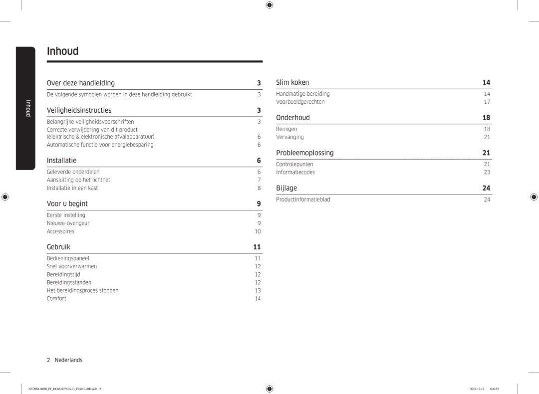 Samsung NV70K1340BS/EG, NV70K1340BB/EF, NV70K1340BS/EF manual Inhoud 