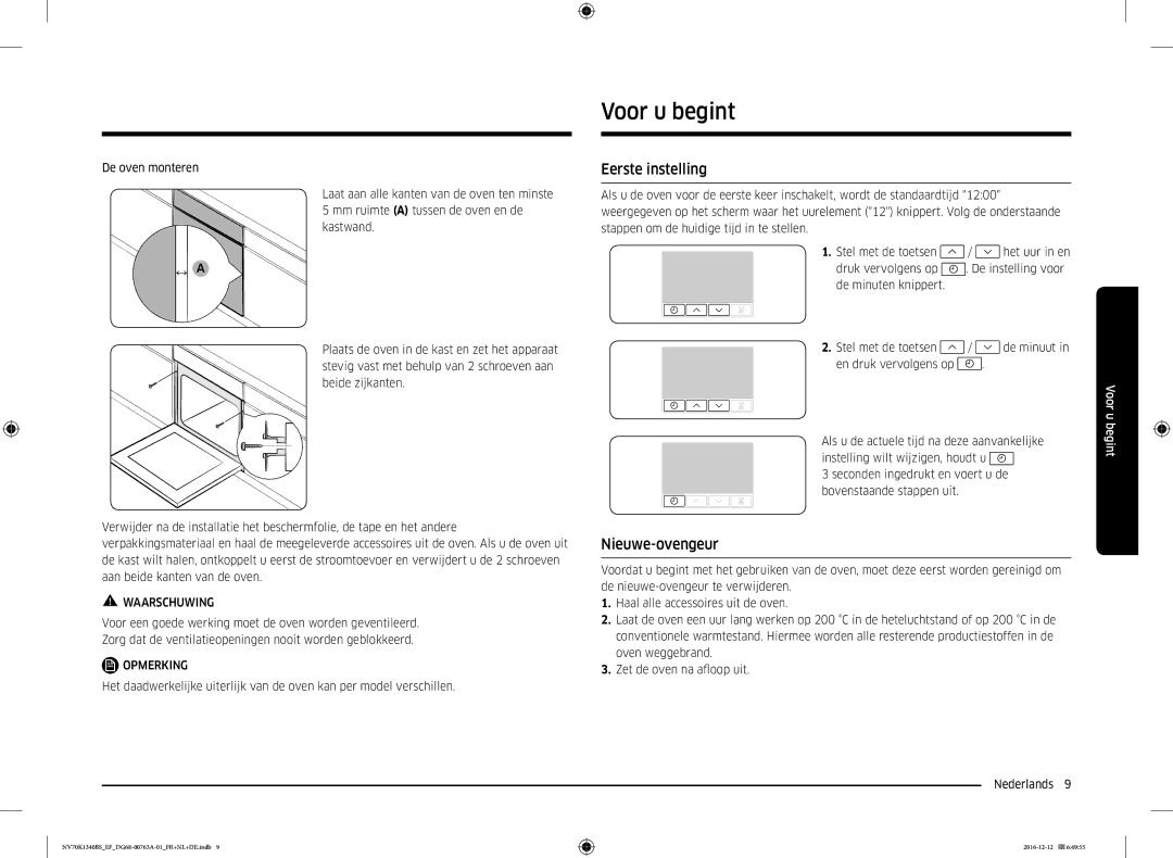 Samsung NV70K1340BB/EF, NV70K1340BS/EG, NV70K1340BS/EF manual Voor u begint, Eerste instelling, Nieuwe-ovengeur 