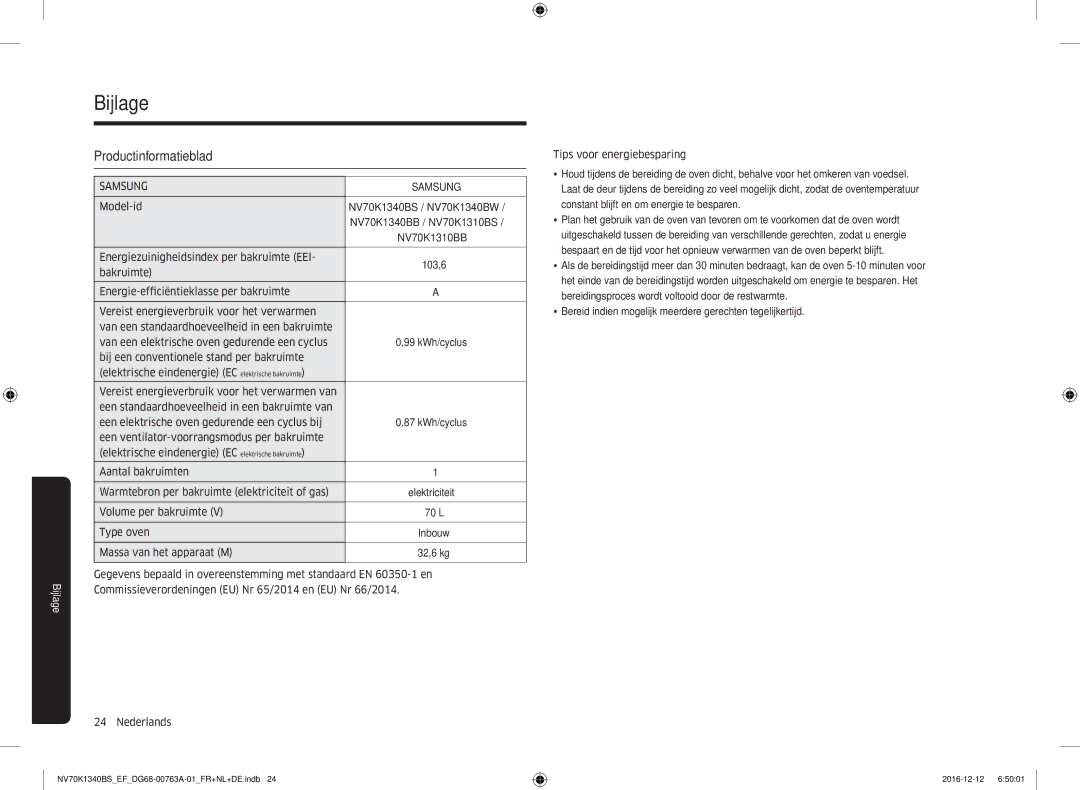 Samsung NV70K1340BB/EF, NV70K1340BS/EG, NV70K1340BS/EF manual Bijlage, Productinformatieblad, Tips voor energiebesparing 