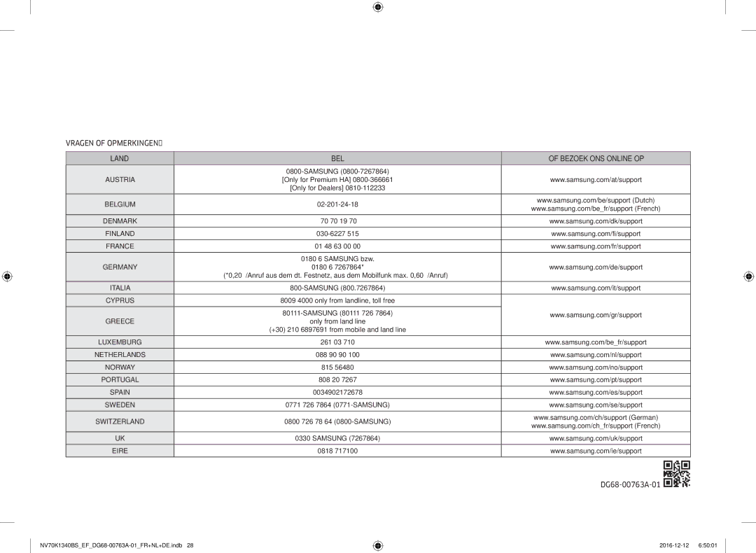 Samsung NV70K1340BS/EF, NV70K1340BS/EG, NV70K1340BB/EF manual Vragen of OPMERKINGEN? Land BEL Bezoek ONS Online OP 