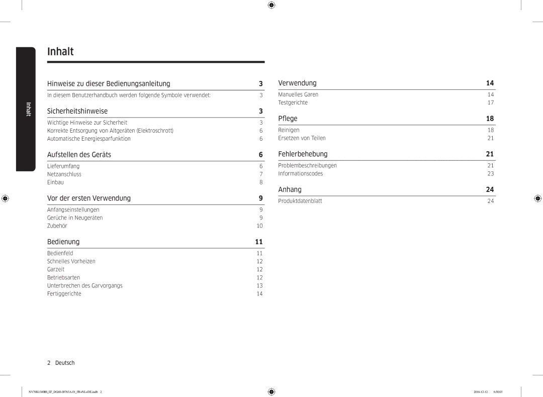 Samsung NV70K1340BB/EF, NV70K1340BS/EG, NV70K1340BS/EF manual Inhalt 