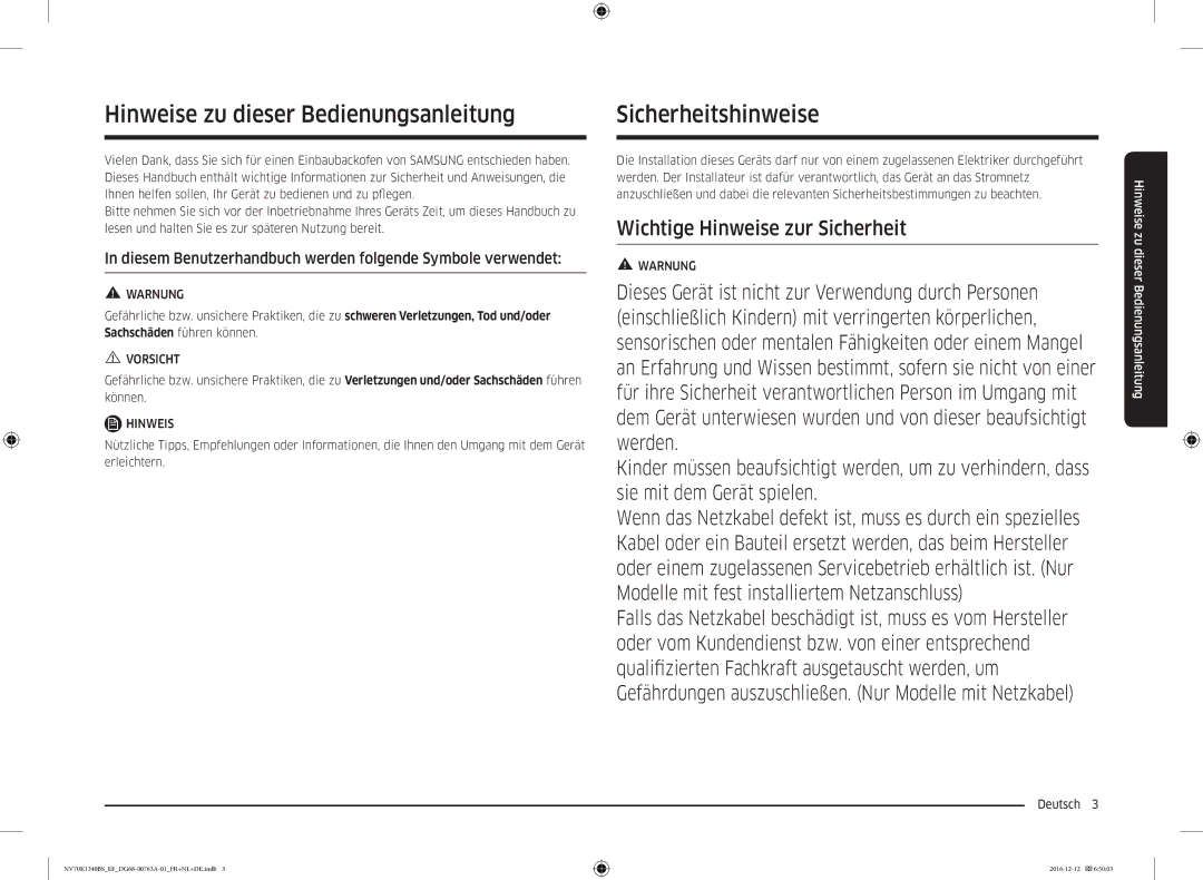 Samsung NV70K1340BS/EF, NV70K1340BS/EG manual Hinweise zu dieser Bedienungsanleitung, Sicherheitshinweise, Deutsch  