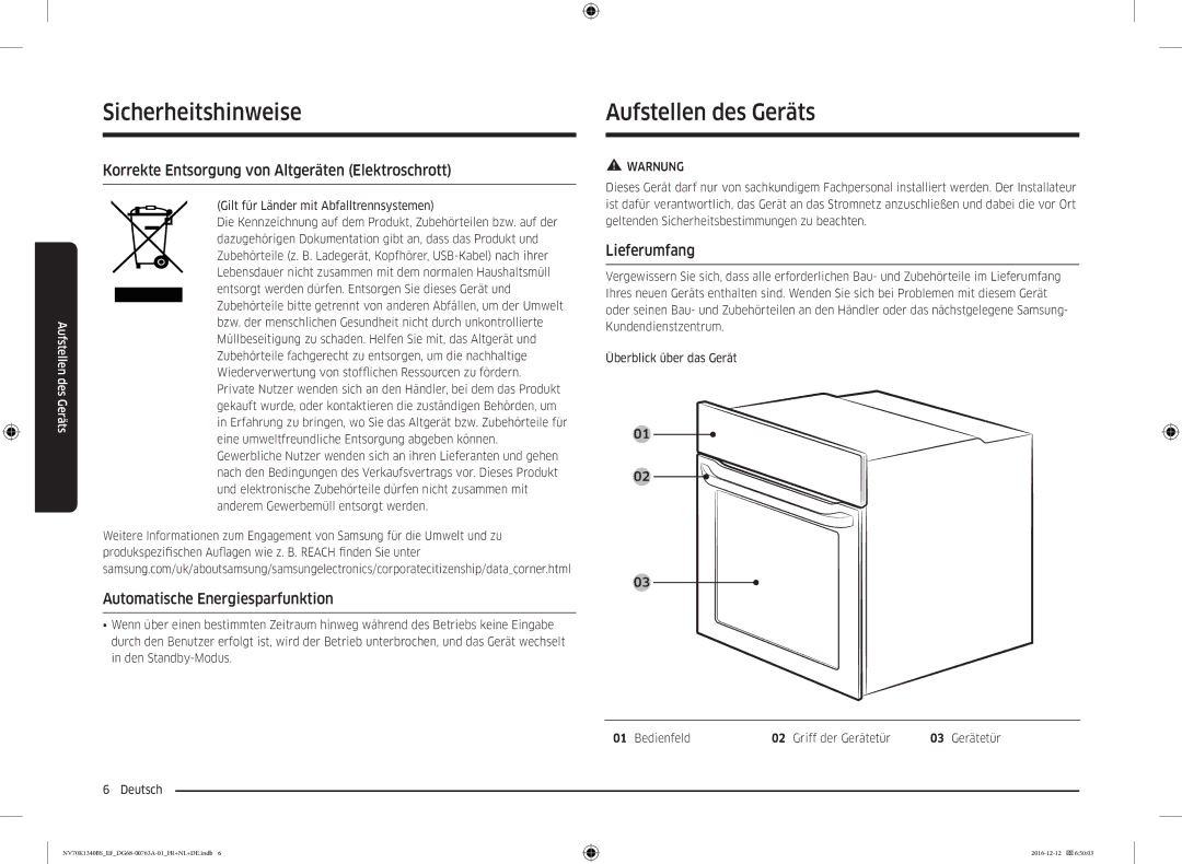 Samsung NV70K1340BS/EF, NV70K1340BS/EG manual Aufstellen des Geräts, Korrekte Entsorgung von Altgeräten Elektroschrott 