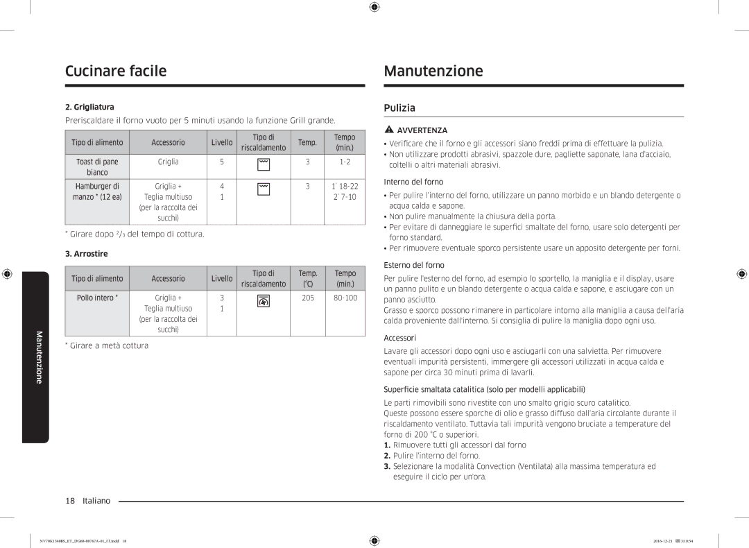 Samsung NV70K1340BS/ET manual Manutenzione, Pulizia 