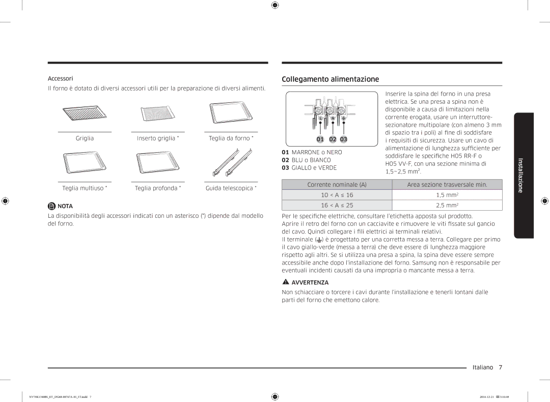 Samsung NV70K1340BS/ET manual Collegamento alimentazione 