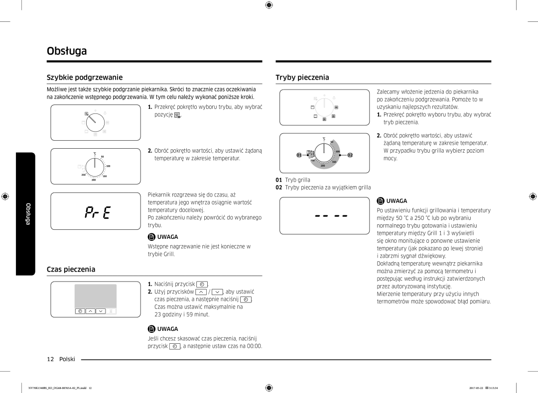 Samsung NV70K1340BS/OL, NV70K1340BB/EO manual Szybkie podgrzewanie, Czas pieczenia, Tryby pieczenia 