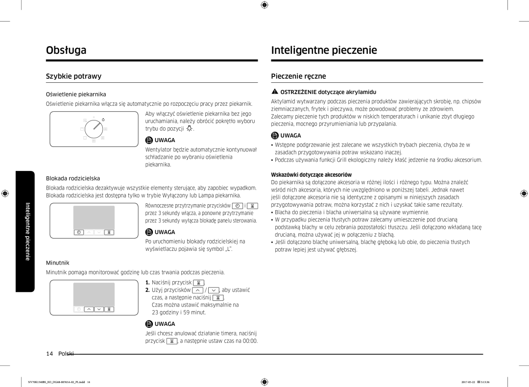 Samsung NV70K1340BS/OL manual Inteligentne pieczenie, Szybkie potrawy, Pieczenie ręczne, Wskazówki dotyczące akcesoriów 