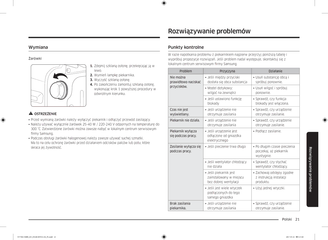 Samsung NV70K1340BB/EO, NV70K1340BS/OL manual Rozwiązywanie problemów, Wymiana, Punkty kontrolne 