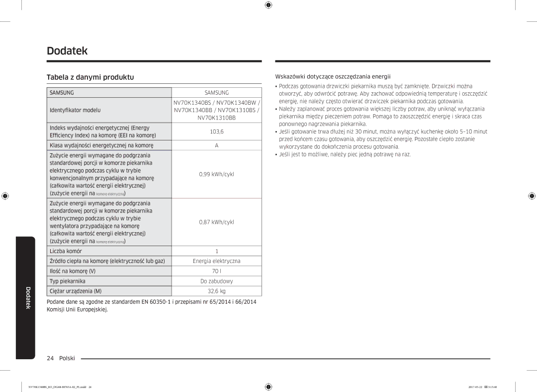 Samsung NV70K1340BS/OL, NV70K1340BB/EO manual Dodatek, Tabela z danymi produktu 