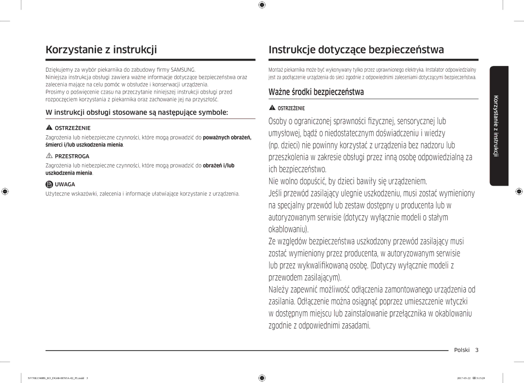 Samsung NV70K1340BB/EO, NV70K1340BS/OL manual Korzystanie z instrukcji, Instrukcje dotyczące bezpieczeństwa 