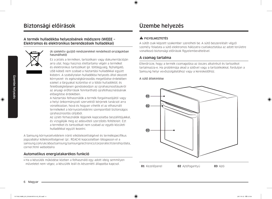 Samsung NV70K1340BS/OL, NV70K1340BB/EO manual Üzembe helyezés, Automatikus energiatakarékos funkció, Csomag tartalma 