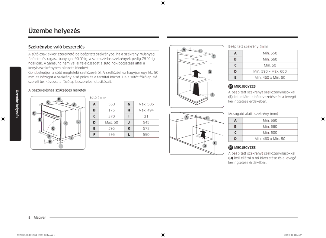 Samsung NV70K1340BS/OL, NV70K1340BB/EO manual Szekrénybe való beszerelés, Min 