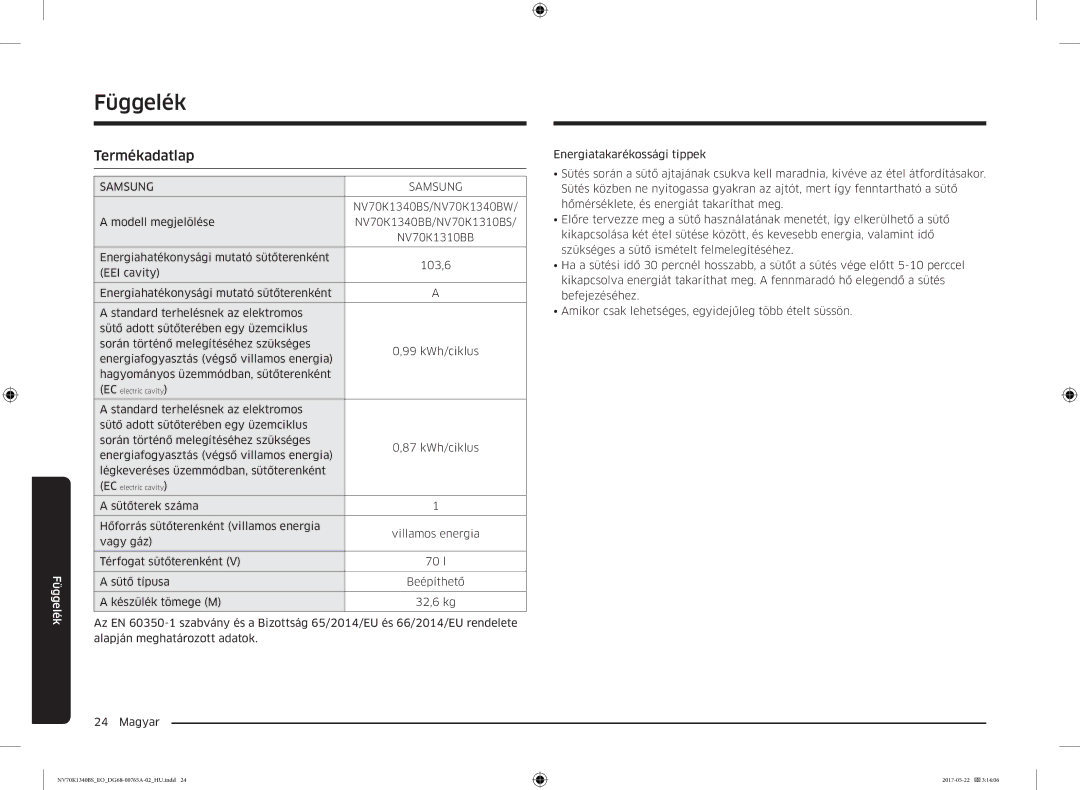 Samsung NV70K1340BS/OL, NV70K1340BB/EO manual Függelék, Termékadatlap 