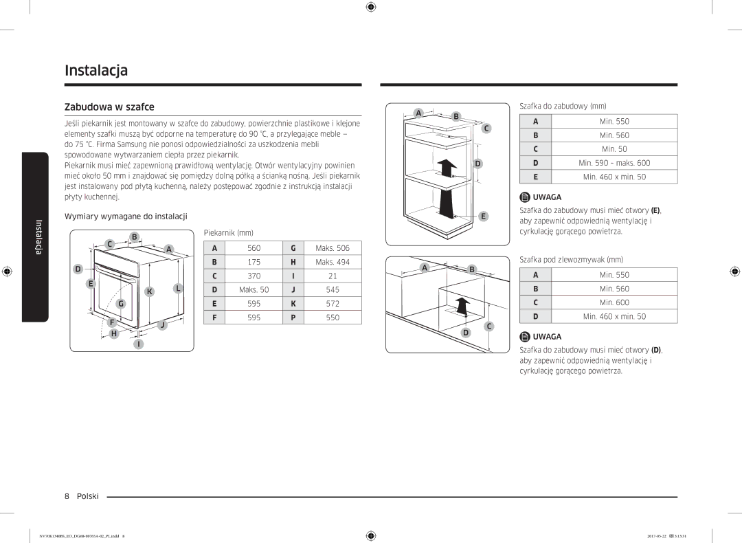 Samsung NV70K1340BS/OL, NV70K1340BB/EO manual Zabudowa w szafce, Min x min 